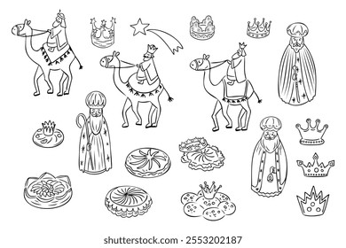 Hand drawn doodle set inspired by the Epiphany with Three Wise Men on camels, crowns, stars, traditional cakes, and festive elements. Vector outline drawing isolated on white background