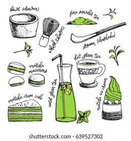 Hand drawn doodle set of a Japanese matcha green tea vector items, objects, related products and lettering.