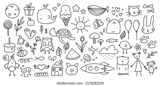 Hand drawn doodle set for kids. Funny childish line elements pencil drawing for decoration, wrapping paper. Vector art