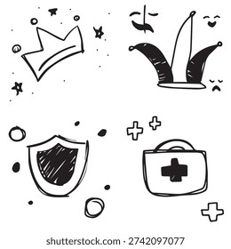 Hand drawn doodle set of kingdom and game elements. Crown jester hat and shield sketch collection. First aid kit icon isolated on white background for design.