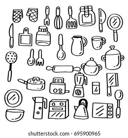 Hand drawn doodle set of Kitchenware.