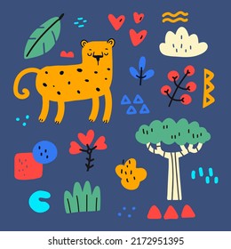 Hand drawn doodle set of leopard, plants and doodle spots. Colorful cute african wildlife and exotic predator. Children design. Color doodle style print with animal and botanical elements.