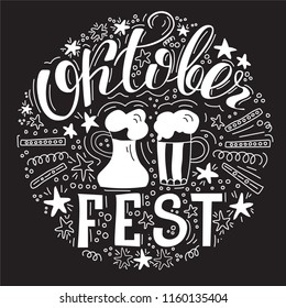 Hand drawn, doodle set with Hand lettered phrase OktoberFest. Sketch icons for invitation, flyer, poster, t-shirt design or blog. Isolated on black background