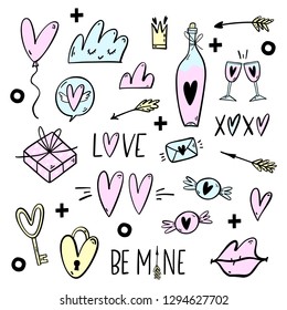 Hand drawn doodle set with love elements, hearts, gift, speech bubbles and etc. Valentine's Day template for stickers, greeting card, congratulations, invitations, planners.