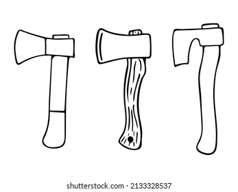 Hand drawn doodle set with lumberjack axe. Vector hatchet cliparts. Outline.