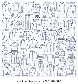 Hand drawn doodle set with man and woman clothes. Vector illustration on squared paper of clothes and accessories elements for backgrounds, textile prints, web and graphic design