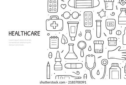 Hand Drawn Doodle Set Of Medical And Healthcare Concept. Website Banner Template. Vector Composition Design.