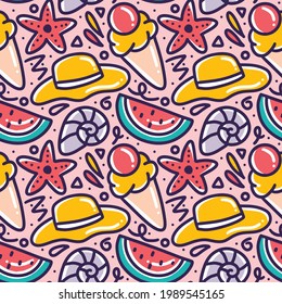 Hand drawn doodle set menu summer on the beach with icons and design elements