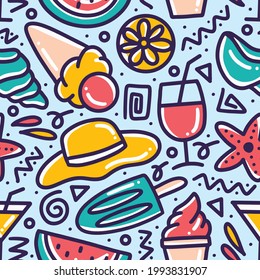 Hand drawn doodle set menu summer on the beach with icons and design elements