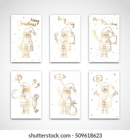 Hand drawn doodle set of Merry Christmas greetings cards. Santa Claus icons. Vector illustration. Cartoon Happy new year symbol Sketchy funny Christmas element Traditional december holiday decoration.
