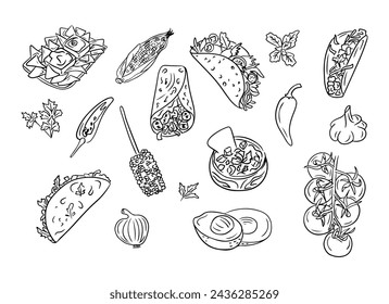Hand drawn doodle set of Mexican traditional food and ingredients. Vector contour drawings isolated on white background. Ideal for coloring pages, tattoo, pattern