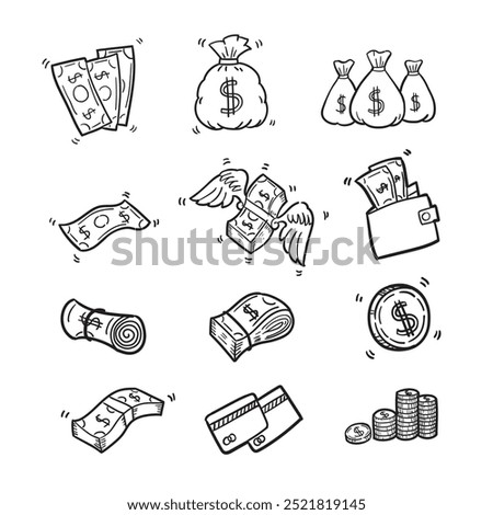 Hand Drawn Doodle Set Of Money Icons elements Vector Illustration Set Stock Illustration.