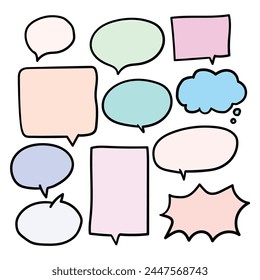Conjunto de garabatos dibujados a mano de burbujas de habla multicolor aisladas sobre fondo blanco. Ilustración vectorial.
