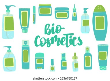 Conjunto de doodles dibujados a mano con productos cosméticos orgánicos naturales en botellas, tubos y jarras, ilustración vectorial