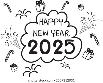 Conjunto de doodle dibujado a mano de objetos y descripciones de año nuevo, Feliz año nuevo 2025.