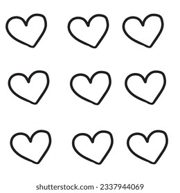 Hand drawn doodle set of nine hearts isolated on white background.Vector illustration eps10