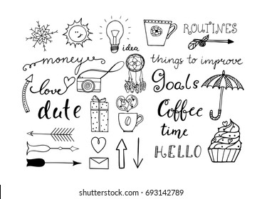 Hand drawn doodle set for notebook or bullet journal isolated on white background. Vector illustration.