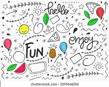 Hand Drawn Doodle Set of Objects, Black and White Outline Background.