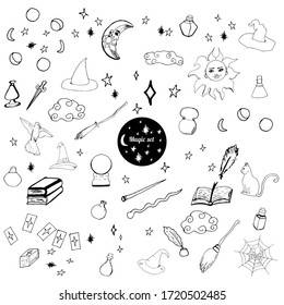 Hand drawn doodle set of occult symbols. Magic symbols set. Magic elements collection.