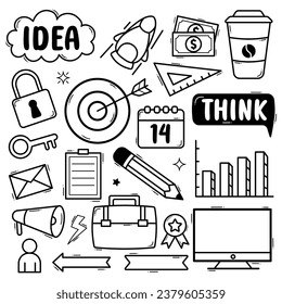 Hand drawn doodle set of office and business icon vector illustration design