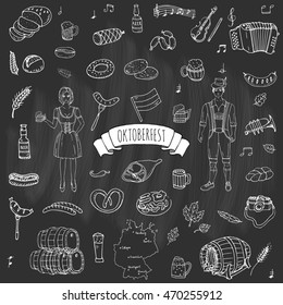 Hand drawn doodle set of Oktoberfest icons. Vector illustration set. Cartoon Bavarian elements. Sketchy October fest collection: Sausage, Barrels of Beer, Bread, Girl and Man in traditional costumes.