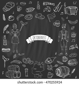 Hand drawn doodle set of Oktoberfest icons. Vector illustration set. Cartoon Bavarian elements. Sketchy October fest collection: Sausage, Barrels of Beer, Bread, Girl and Man in traditional costumes.