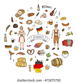 Hand drawn doodle set of Oktoberfest icons. Vector illustration set. Cartoon Bavarian elements. Sketchy October fest collection: Sausage, Barrels of Beer, Bread, Girl and Man in traditional costumes.