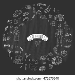 Hand drawn doodle set of Oktoberfest icons. Vector illustration set. Cartoon Bavarian elements. Sketchy October fest collection: Sausage, Barrels of Beer, Bread, Girl and Man in traditional costumes.