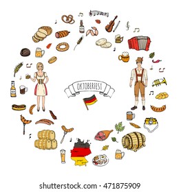 Hand drawn doodle set of Oktoberfest icons. Vector illustration set. Cartoon Bavarian elements. Sketchy October fest collection: Sausage, Barrels of Beer, Bread, Girl and Man in traditional costumes.