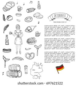 Hand drawn doodle set of Oktoberfest icons. Vector illustration set. Cartoon Bavarian elements. Sketchy October fest collection: Sausage, Barrels of Beer, Bread, Girl and Man in traditional costumes.