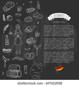 Hand drawn doodle set of Oktoberfest icons. Vector illustration set. Cartoon Bavarian elements. Sketchy October fest collection: Sausage, Barrels of Beer, Bread, Girl and Man in traditional costumes.