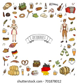 Hand drawn doodle set of Oktoberfest icons. Vector illustration set. Cartoon Bavarian elements. Sketchy October fest collection: Sausage, Barrels of Beer, Bread, Girl and Man in traditional costumes.