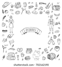 Hand drawn doodle set of Oktoberfest icons. Vector illustration set. Cartoon Bavarian elements. Sketchy October fest collection: Sausage, Barrels of Beer, Bread, Girl and Man in traditional costumes.