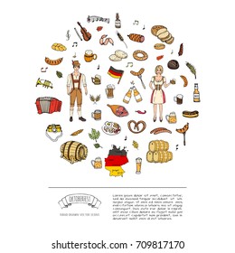 Hand drawn doodle set of Oktoberfest icons. Vector illustration set. Cartoon Bavarian elements. Sketchy October fest collection: Sausage, Barrels of Beer, Bread, Girl and Man in traditional costumes.