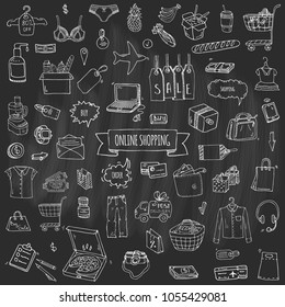 Hand drawn doodle set of Online shopping icons. Vector illustration set. Cartoon buying symbols. Sketchy elements collection: laptop, sale, food, grocery, clothing, cart, wallet, credit card, tag, bag