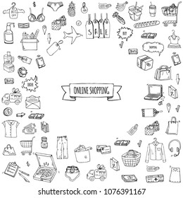 Hand drawn doodle set of Online shopping icons. Vector illustration set. Cartoon buying symbols. Sketchy elements collection: laptop, sale, food, grocery, clothing, cart, wallet, credit card, tag, bag