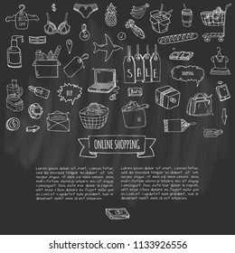 Hand drawn doodle set of Online shopping icons. Vector illustration set. Cartoon buying symbols. Sketchy elements collection: laptop, sale, food, grocery, clothing, cart, wallet, credit card, tag, bag