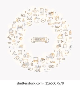 Hand drawn doodle set of Online shopping icons. Vector illustration set. Cartoon buying symbols. Sketchy elements collection: laptop, sale, food, grocery, clothing, cart, wallet, credit card, tag, bag