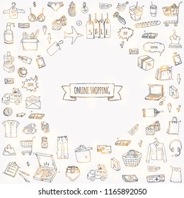 Hand drawn doodle set of Online shopping icons. Vector illustration set. Cartoon buying symbols. Sketchy elements collection: laptop, sale, food, grocery, clothing, cart, wallet, credit card, tag, bag