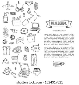 Hand drawn doodle set of Online shopping icons. Vector illustration set. Cartoon buying symbols. Sketchy elements collection: laptop, sale, food, grocery, clothing, cart, wallet, credit card, tag, bag