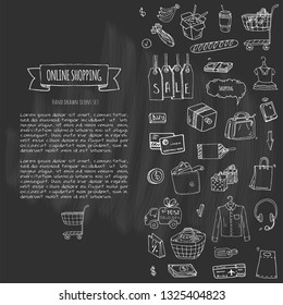 Hand drawn doodle set of Online shopping icons. Vector illustration set. Cartoon buying symbols. Sketchy elements collection: laptop, sale, food, grocery, clothing, cart, wallet, credit card, tag, bag