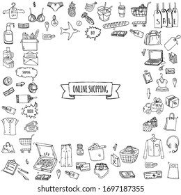 Juego de doodles dibujado a mano de iconos de compras en línea. Conjunto de ilustraciones vectoriales. Caricatura comprando símbolos. Colección de elementos esquemáticos: portátil, venta, comida, comestibles, ropa, carrito, billetera, tarjeta de crédito, etiqueta, bolsa