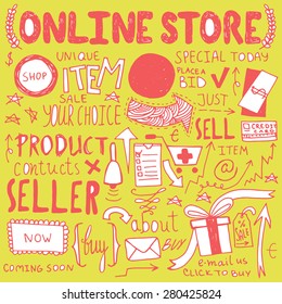 Hand drawn doodle set of online shopping elements