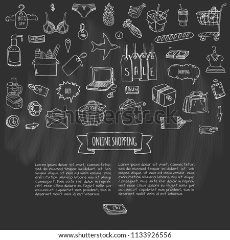 Hand drawn doodle set of Online shopping icons. Vector illustration set. Cartoon buying symbols. Sketchy elements collection: laptop, sale, food, grocery, clothing, cart, wallet, credit card, tag, bag