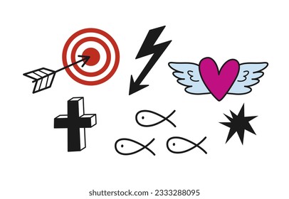 Hand drawn of doodle set. Outline icons with scribble, lightning bolt, arrow, heart, and fish. Print in line art style for wallpapers and textiles. Linear flat vector isolated on white background