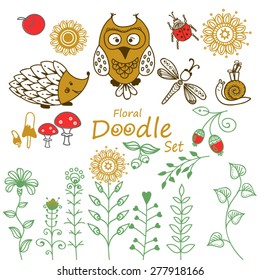 Hand drawn doodle set with owl, snail,dragonfly and flowers