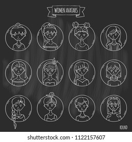 Hand drawn doodle set of people avatar icons. Vector illustration set. Cartoon women faces symbols. Sketchy elements collection: girls with various hairdress, hairstyle, clothing, clothes, t-shirts