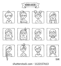 Hand drawn doodle set of people avatar icons. Vector illustration set. Cartoon women faces symbols. Sketchy elements collection: girls with various hairdress, hairstyle, clothing, clothes, t-shirts