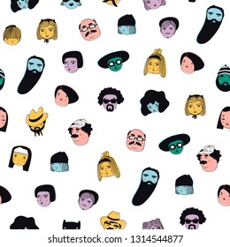 Hand drawn doodle set of people faces. Portraits of various men and women. Trendy icons collection. Vector seamless pattern. Perfect for textile prints, wallpapers