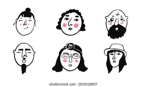 Hand drawn doodle set of people faces for social media, avatars. Portraits of various men and women. Trendy hand drawn people portraits collection. Vector illustration. All elements are isolated